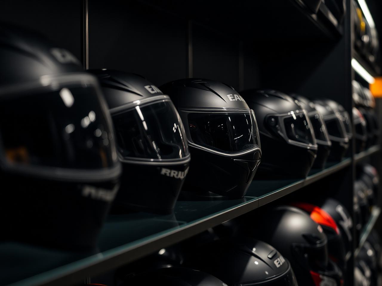 Motorcycle helmets on display