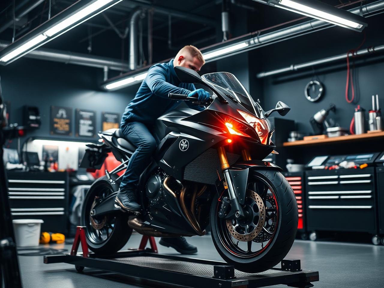 Technician servicing a motorcycle on a lift